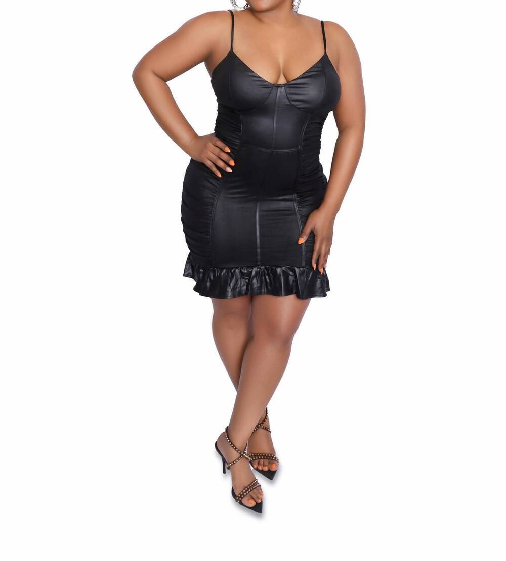 NEW STORY ON lola faux leather mini dress in black